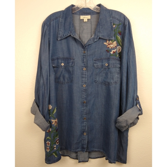 Style & Co Denim-Like Embroidered Shirt - Picture 1 of 6
